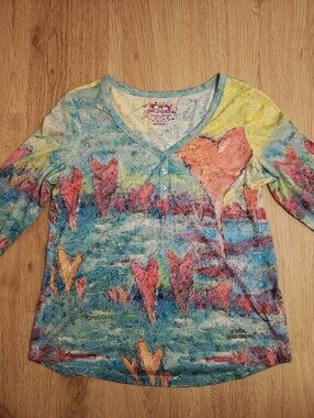 Leoma Lovegrove V-Neck 3/4 Sleeve Tee in Blue & Pink